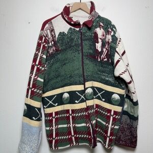 Handmade Tapestry Full Zip Cardigan‎ Sweater Green Golf Scenic Plaid Cat Novelty